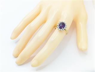18K 3.45g Yellow Gold Amethyst Diamond Halo Dainty Simple Classic Ring Size-6.75
